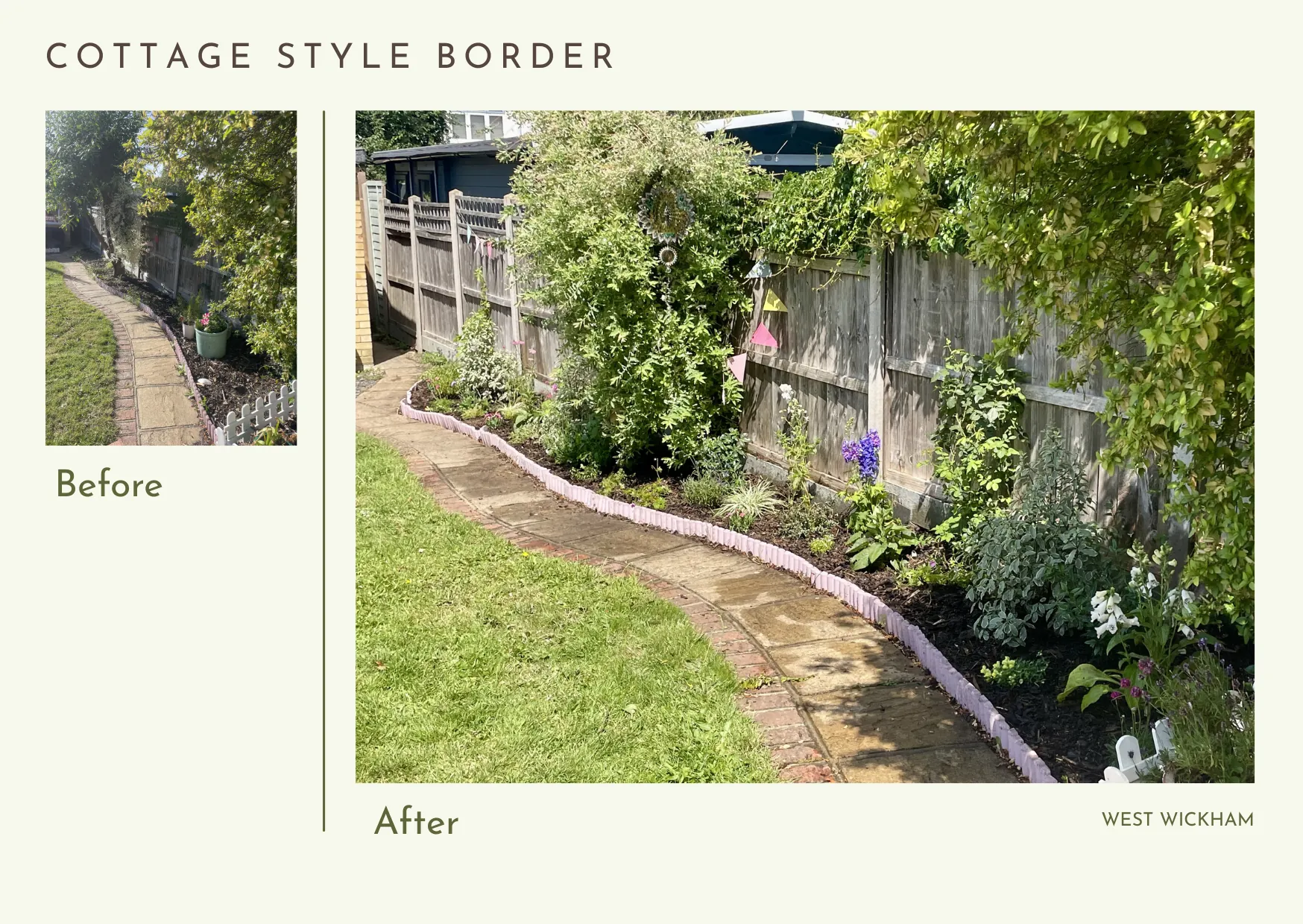 Cottage style border — a West Wickham garden transformation showing before and after planting